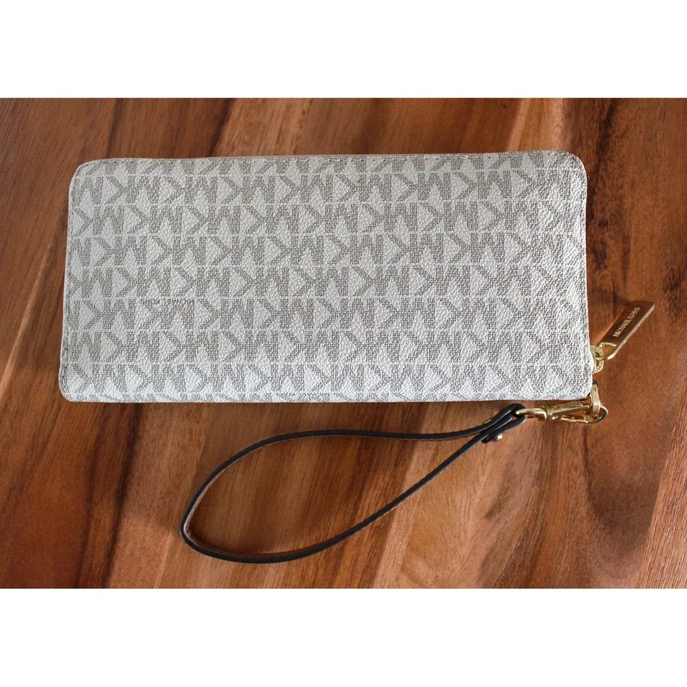 Michael Kors Jet Set Travel Wallet Brown MK Logo Zip Around Continental Wristlet